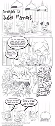 Size: 1362x3131 | Tagged: safe, artist:forestdalecomic, bird, canine, cat, dalmatian, dog, feline, fox, mammal, songbird, sparrow, anthro, comic strip, eating, female, food, group, high res, male, sitting, sushi, table