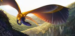 Size: 2800x1363 | Tagged: safe, artist:zhurzh, oc, oc only, dragon, fictional species, reptile, western dragon, feral, 2022, forest, horns, mountain, scales, scenery, scenery porn, webbed wings, wings
