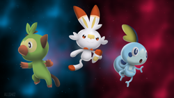 Size: 2000x1125 | Tagged: safe, artist:all0412, fictional species, grookey, scorbunny, sobble, feral, semi-anthro, nintendo, pokémon, 16:9, ambiguous gender, ambiguous only, group, starter pokémon, trio, trio ambiguous, wallpaper