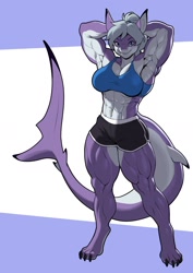 Size: 1273x1800 | Tagged: safe, artist:pokkuti, fish, shark, anthro, abs, arms behind head, bottomwear, clothes, female, muscles, muscular female, shorts, sports bra, sports shorts, tail, tail fin, thunder thighs, topwear