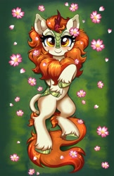 Size: 2650x4096 | Tagged: safe, artist:confetticakez, autumn blaze (mlp), equine, fictional species, kirin, mammal, feral, friendship is magic, hasbro, my little pony, 2022, blushing, cloven hooves, cute, eyelashes, female, flower, flower in hair, flower in tail, grass, hair, hair accessory, high res, hooves, horn, lying down, on back, plant, smiling, solo, solo female, tail, unshorn fetlocks