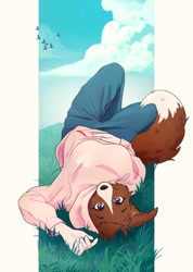 Size: 1814x2550 | Tagged: safe, artist:crazyfoxlady, canine, dog, mammal, anthro, bottomwear, brown body, brown fur, clothes, female, fur, hoodie, looking at you, lying down, outdoors, pants, purple eyes, solo, solo female, tail, topwear