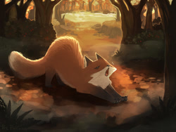 Size: 1280x960 | Tagged: safe, artist:pashhhka, canine, fox, mammal, red fox, feral, 2022, 2d, ambiguous gender, face down ass up, featured image, solo, solo ambiguous, stretching, yawning