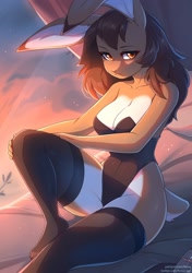 Size: 2112x3000 | Tagged: safe, alternate version, artist:fensu-san, oc, oc only, lagomorph, mammal, rabbit, anthro, 2022, breasts, brown hair, bunny suit, cleavage, clothes, ears, eyelashes, female, hair, high res, legwear, leotard, long ears, long hair, short tail, solo, solo female, tail, thigh highs, thighs