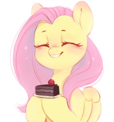 Size: 982x1055 | Tagged: safe, artist:melodylibris, fluttershy (mlp), equine, mammal, pony, feral, friendship is magic, hasbro, my little pony, 2022, 2d, berry, blushing, cake, chocolate cake, cute, eyes closed, feathered wings, feathers, female, food, fruit, hair, mane, mare, simple background, smiling, solo, solo female, sparkly hair, sparkly mane, strawberry, ungulate, white background, wings