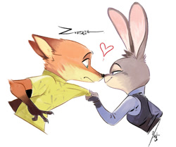 Size: 979x817 | Tagged: safe, artist:ganym0, judy hopps (zootopia), nick wilde (zootopia), canine, fox, lagomorph, mammal, rabbit, red fox, anthro, disney, zootopia, 2d, female, heart, male, male/female, noseboop, shipping, signature, simple background, smiling, white background, wildehopps (zootopia)