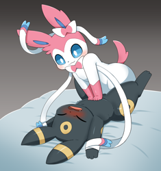 Size: 1882x2000 | Tagged: suggestive, artist:sum, eeveelution, fictional species, mammal, sylveon, umbreon, feral, nintendo, pokémon, 2022, bdsm, bed, black nose, blue sclera, blushing, bondage, colored sclera, digital art, duo, ears, eyes closed, female, fur, lying down, lying on bed, male, male/female, on bed, open mouth, paws, ribbons (body part), tail, tongue