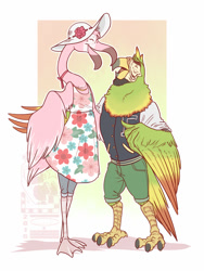 Size: 600x800 | Tagged: safe, artist:eclipsewolf, flora (animal crossing), bird, flamingo, parrot, anthro, animal crossing, nintendo, 2d, beak, bird feet, bottomwear, clothes, double outline, dress, eyes closed, feathered wings, feathers, female, frank (animal crossing), hat, headwear, male, male/female, open beak, open mouth, tail, tail feathers, wings