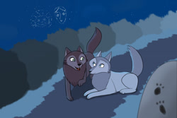 Size: 1280x854 | Tagged: safe, artist:brokenbone, mebh mactire (wolfwalkers), robyn goodfellowe (wolfwalkers), canine, mammal, wolf, feral, cartoon saloon, wolfwalkers, 2022, 2d, constellation, duo, duo female, female, females only, looking at each other, night, night sky, sky, stars