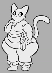 Size: 956x1337 | Tagged: suggestive, artist:syrupsunset, part of a set, oc, oc only, oc:katia managan, feline, fictional species, khajiit, mammal, anthro, prequel (webcomic), the elder scrolls, 2022, big breasts, big ears, black eyes, blushing, boots, breasts, cleavage, clothes, ears, fat, fat fetish, female, fluff, gray background, head fluff, huge belly, hyper, hyper thighs, long tail, looking to the side, monochrome, morbidly obese, obese, pear-shaped, shoes, simple background, solo, solo female, tail, topwear