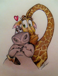 Size: 600x787 | Tagged: safe, artist:chaoticcolorstudio, gloria (madagascar), melman (madagascar), giraffe, hippopotamus, mammal, anthro, feral, dreamworks animation, madagascar, 2011, 2d, duo, duo male and female, female, heart, interspecies, looking at each other, male, male/female, traditional art, ungulate