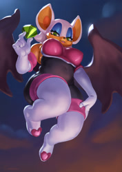 Size: 778x1100 | Tagged: suggestive, artist:conqista, rouge the bat (sonic), bat, mammal, anthro, sega, sonic the hedgehog (series), bat wings, big breasts, breasts, chaos emerald, female, flying, nipple outline, solo, solo female, thick thighs, thighs, webbed wings, wide hips, wings