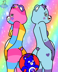 Size: 2055x2546 | Tagged: suggestive, artist:mrstheartist, oc, oc:creative bear, bear, fictional species, mammal, anthro, semi-anthro, care bears, care bears: unlock the magic, anthrofied, blood, butt, care bear, digital art, dream bright bear (cbutm), duo focus, female, fur, gradient background, group, heart nose, high res, looking at you, looking back, looking back at you, male, medibang paint, nosebleed, rainbow background, rainbow fur, rear view, sexy, sultry pose, tail, togetherness bear (cbutm), trio