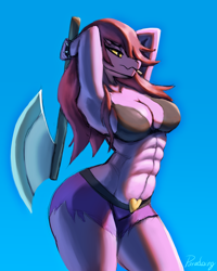 Size: 960x1200 | Tagged: safe, artist:paradoxing5, susie (deltarune), reptile, anthro, deltarune, 2022, abs, absolute cleavage, armpits, arms behind back, axe, bedroom eyes, belly button, bikini, bikini top, bottomwear, breasts, cleavage, clothes, digital art, ears, eyelashes, female, hair, muscles, muscular female, scales, shorts, solo, solo female, swimsuit, tail, thighs, weapon, wide hips