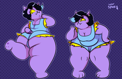 Size: 2000x1300 | Tagged: suggestive, artist:superspoe, catty (undertale), cat, feline, mammal, anthro, undertale, 2016, 3 fingers, 3 toes, barefoot, big belly, black nose, breasts, cleavage, clothes, colored sclera, ear piercing, eyelashes, fat, female, front view, fur, hair, hair over one eye, hand on hip, hyper, hyper butt, looking at you, looking back, looking back at you, one leg raised, outline, overalls, overweight, paw pads, paws, piercing, polka dot background, purple background, purple body, purple fur, purple outline, raised leg, rear view, short tail, signature, simple background, solo, solo female, tail, yellow sclera