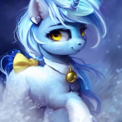 Size: 1024x1024 | Tagged: safe, artist:zealousmagician, oc, oc only, oc:arctic snowfall, equine, fictional species, mammal, pony, unicorn, feral, friendship is magic, hasbro, my little pony, machine learning assisted, 2022, bell, blue background, blue body, blue fur, blue hair, blue mane, blurred background, bow, bow tie, cat bell, clothes, collar, ear piercing, earring, female, freckles, fur, hair, heart, hooves, horn, jewelry, looking at you, mane, mare, piercing, purplesmart.ai, raised hoof, simple background, smiling, smiling at you, snow, snowfall, solo, solo female, stable diffusion, standing, tail, tail bow, yellow eyes