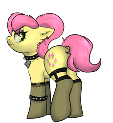 Size: 2034x2200 | Tagged: safe, artist:dumbwoofer, posey (mlp g5), earth pony, equine, fictional species, mammal, pony, feral, hasbro, my little pony, my little pony g5, spoiler:my little pony g5, 2022, angry, butt, choker, clothes, collar, ear fluff, ear piercing, earring, eyeshadow, female, fluff, garter belt, generation leap, goth, hair, high res, jewelry, legwear, looking at you, looking back, looking back at you, makeup, mane, mare, necklace, piercing, pink hair, pink mane, pink tail, simple background, socks, solo, solo female, spiked choker, spiked collar, spiked wristband, stockings, tail, thigh highs, transparent background, tsundere, wristband, yellow body