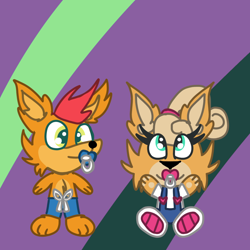 Size: 1280x1280 | Tagged: safe, artist:bluedeerfox14, coco bandicoot (crash bandicoot), crash bandicoot (crash bandicoot), bandicoot, mammal, marsupial, anthro, crash bandicoot (series), baby, bottomwear, brother, brother and sister, clothes, cute, duo, female, hair, hair tie, male, overalls, pacifier, shoes, shorts, siblings, sister, young, younger