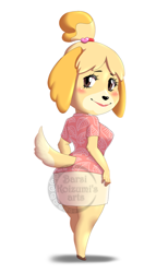 Size: 668x1081 | Tagged: safe, artist:barsikoizumi, isabelle (animal crossing), canine, dog, mammal, shih tzu, anthro, animal crossing, animal crossing: new horizons, nintendo, 2d, female, looking at you, looking back, looking back at you, simple background, solo, solo female, white background