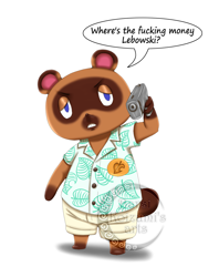 Size: 904x1143 | Tagged: safe, artist:barsikoizumi, tom nook (animal crossing), canine, mammal, raccoon dog, anthro, animal crossing, nintendo, angry, dialogue, gun, looking at you, male, simple background, solo, solo male, talking, vulgar, weapon, white background