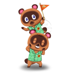 Size: 988x988 | Tagged: safe, artist:barsikoizumi, timmy nook (animal crossing), tommy nook (animal crossing), canine, mammal, raccoon dog, anthro, animal crossing, nintendo, 2d, brother, brothers, duo, duo male, eyes closed, flag, looking at you, male, males only, siblings, simple background, white background, young