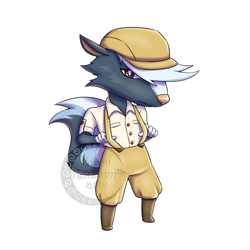 Size: 1243x1243 | Tagged: safe, artist:barsikoizumi, kicks (animal crossing), mammal, skunk, anthro, animal crossing, nintendo, 2d, clothes, hat, headwear, looking at you, male, overalls, simple background, solo, solo male, white background