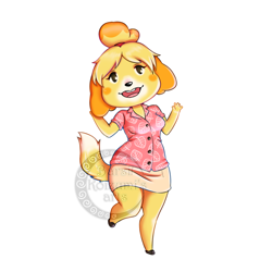 Size: 1208x1208 | Tagged: safe, artist:barsikoizumi, isabelle (animal crossing), canine, dog, mammal, shih tzu, anthro, animal crossing, animal crossing: new horizons, nintendo, 2d, female, open mouth, simple background, solo, solo female, white background