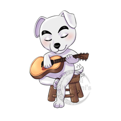 Size: 1000x1000 | Tagged: safe, artist:barsikoizumi, k.k. slider (animal crossing), canine, dog, jack russell terrier, mammal, terrier, semi-anthro, animal crossing, nintendo, 2d, blushing, eyes closed, guitar, male, musical instrument, playing musical instrument, simple background, sitting, solo, solo male, stool, white background