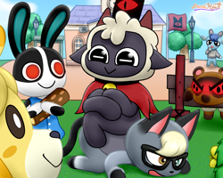 Size: 1000x800 | Tagged: safe, artist:davidkyatt, dotty (animal crossing), isabelle (animal crossing), lamb (cult of the lamb), raymond (animal crossing), sherb (animal crossing), tom nook (animal crossing), bovid, canine, caprine, cat, dog, feline, goat, lagomorph, lamb, leporid, mammal, rabbit, raccoon dog, sheep, shih tzu, semi-anthro, animal crossing, animal crossing: new horizons, cult of the lamb, nintendo, 2022, 2d, ambiguous gender, angry, artist name, background character, black body, black eyes, black fur, blue body, blue fur, blue hair, bottomless, bottomwear, brown body, brown eyes, brown fur, building, cape, clothes, colored pupils, crossover, crown, digital art, dress, english text, featureless crotch, female, flag, floppy ears, fur, glasses, grass, gray body, gray fur, green eyes, group, hair, headwear, heterochromia, horizontal pupils, horns, jewelry, lamp, male, multicolored fur, no pupils, nudity, outdoors, pants, partial nudity, plant, red crown (cult of the lamb), red eyes, regalia, shirt, sitting, solo focus, standing, stocks, text, topwear, tree, two toned body, two toned fur, ungulate, white body, white fur, white pupils, wood, wool, yellow body, yellow fur