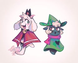 Size: 2048x1662 | Tagged: safe, artist:cellydawn, lamb (cult of the lamb), ralsei (deltarune), bovid, caprine, goat, lamb, mammal, sheep, anthro, semi-anthro, cult of the lamb, deltarune, 2d, ambiguous gender, artist name, blushing, cape, clothes, clothes swap, cosplay, crossover, crown, cute, digital art, duo, english text, floppy ears, fur, glasses, gray body, gray fur, green eyes, hat, headwear, heart, horizontal pupils, horns, jewelry, looking at each other, male, monotone body, monotone fur, multicolored fur, open mouth, red crown (cult of the lamb), red eyes, regalia, round glasses, scarf, signature, simple background, teeth, text, tongue, two toned body, two toned fur, watermark, white background, white body, white fur, wool