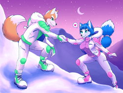 Size: 3039x2307 | Tagged: safe, artist:sokerikaneli, fox mccloud (star fox), krystal (star fox), canine, fox, mammal, anthro, nintendo, star fox, 2022, arm grab, boots, bottomwear, breasts, clothes, commission, detailed background, digital art, duo, ears, eyelashes, female, fur, gloves, hair, hiking, jacket, looking at each other, male, male/female, pants, shoes, snow, sweater, tail, thighs, topwear, vixen, wide hips