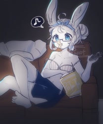 Size: 848x1020 | Tagged: safe, artist:rsswoof, lagomorph, mammal, rabbit, anthro, chips, couch, feet, female, food, glasses, solo, solo female