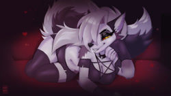 Size: 1280x720 | Tagged: safe, artist:rin tyan, loona (vivzmind), canine, fictional species, hellhound, mammal, anthro, hazbin hotel, helluva boss, 16:9, 2022, bedroom eyes, belly button, black nose, bottomwear, breasts, clothes, collar, colored sclera, digital art, ears, eyelashes, female, fingerless gloves, fur, gloves, hair, legwear, looking at you, one eye closed, pose, red sclera, seductive, seductive eyes, seductive look, seductive pose, shorts, solo, solo female, spiked collar, stockings, tail, tank top, thighs, topwear, wide hips