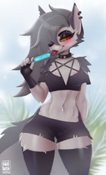 Size: 780x1280 | Tagged: suggestive, artist:rin tyan, loona (vivzmind), canine, fictional species, hellhound, mammal, anthro, hazbin hotel, helluva boss, 2022, areola, areola slip, bedroom eyes, belly button, black nose, blep, bottomwear, breasts, clothes, collar, colored sclera, digital art, ears, evening gloves, eyelashes, female, fluff, food, fur, gloves, hair, legwear, long gloves, looking at you, one eye closed, popsicle, pose, red sclera, shorts, shoulder fluff, solo, solo female, spiked collar, stockings, tail, tank top, thighs, tongue, tongue out, topwear, wide hips