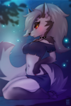 Size: 724x1087 | Tagged: safe, artist:rin tyan, loona (vivzmind), canine, fictional species, hellhound, mammal, anthro, digitigrade anthro, hazbin hotel, helluva boss, 2022, bedroom eyes, belly button, black nose, bottomwear, breasts, clothes, collar, colored sclera, digital art, ears, evening gloves, eyelashes, female, fur, gloves, hair, kneeling, legwear, long gloves, looking at you, one eye closed, pose, red sclera, shorts, solo, solo female, spiked collar, stockings, tail, tank top, thighs, topwear, wide hips