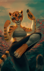 Size: 1562x2498 | Tagged: safe, artist:goatesque, master tigress (kung fu panda), big cat, feline, mammal, tiger, anthro, digitigrade anthro, dreamworks animation, kung fu panda, 2022, bedroom eyes, belly button, blushing, bottomwear, breasts, clothes, digital art, ears, eyelashes, female, fur, hair, looking at you, pants, paw pads, paws, pose, solo, solo female, tail, tank top, thighs, topwear, wide hips