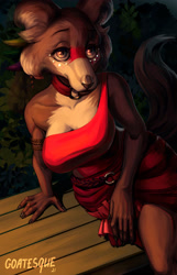 Size: 1500x2336 | Tagged: safe, artist:goatesque, juno (beastars), canine, mammal, wolf, anthro, beastars, 2021, bedroom eyes, belly button, blushing, bottomwear, breasts, cheek fluff, clothes, digital art, dress, ears, eyelashes, female, fluff, fur, looking at you, pose, solo, solo female, tail, thighs, wide hips