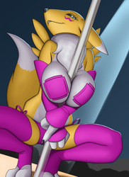 Size: 1280x1758 | Tagged: suggestive, artist:creatiffy, fictional species, renamon, anthro, digitigrade anthro, digimon, 2022, bedroom eyes, belly button, bikini, bikini bottom, black nose, black sclera, breasts, claws, clothes, colored sclera, digital art, ears, eyelashes, female, fluff, fur, neck fluff, nipple tape, partial nudity, pole dancing, pose, solo, solo female, stripper pole, swimsuit, tail, thighs, topless, wide hips