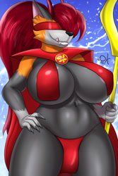 Size: 1920x2880 | Tagged: suggestive, alternate version, artist:demonkussh, oc, oc only, canine, fictional species, hellhound, mammal, anthro, 2022, belly button, bikini, black nose, breasts, cape, clothes, commission, digital art, ears, eyelashes, female, fur, hair, hand on hip, huge breasts, loincloth, looking at you, pose, solo, solo female, swimsuit, tail, thick thighs, thighs, wide hips