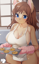 Size: 834x1368 | Tagged: suggestive, artist:niniidawns, oc, oc only, canine, dog, mammal, anthro, 2019, apron, belly button, breasts, clothes, cookie, detailed background, digital art, ears, eyelashes, female, food, fur, gloves, hair, huge breasts, kemono, naked apron, nudity, partial nudity, pose, solo, solo female, tail, thighs, wide hips