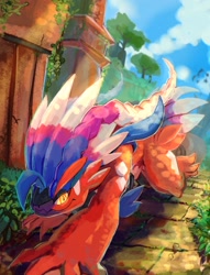 Size: 1602x2100 | Tagged: safe, artist:chufflepop, fictional species, koraidon, legendary pokémon, feral, nintendo, pokémon, spoiler:pokémon gen 9, spoiler:pokémon scarlet and violet, 2022, ambiguous gender, blue feathers, blue sky, building, cloud, day, detailed background, digital art, digital painting, feathers, grass, multicolored feathers, paradox pokémon, past pokémon, plant, quadruped, red body, road, scenery, smiling, solo, solo ambiguous, tree, walking, white feathers, yellow eyes