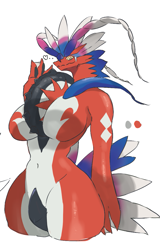 Size: 761x1188 | Tagged: suggestive, artist:passionpit777, fictional species, koraidon, legendary pokémon, anthro, nintendo, pokémon, spoiler:pokémon gen 9, spoiler:pokémon scarlet and violet, 2022, blue feathers, breasts, feathers, featureless breasts, female, half body, paradox pokémon, past pokémon, red body, simple background, solo, solo female, thick thighs, thighs, white background, white body, white feathers