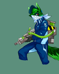 Size: 2000x2500 | Tagged: safe, artist:soda_uyu, oc, oc only, canine, fox, mammal, 2015, bandanna, blue clothing, blue jacket, blue pants, bottomwear, clothes, fluff, fur, green background, green body, green fur, green hair, green tail, gun, hair, holding, holding gun, holding object, holding weapon, jacket, male, pants, ranged weapon, red eyes, simple background, solo, solo male, tail, tail fluff, topwear, weapon