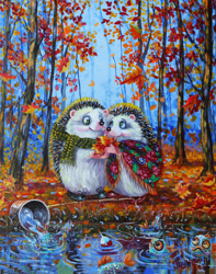 Size: 1280x1626 | Tagged: safe, artist:irikaart, fish, hedgehog, mammal, semi-anthro, 2022, autumn, clothes, cottagecore, cute, duo, duo male and female, female, looking at each other, male, male/female, scarf, water