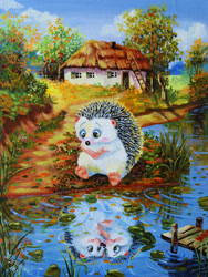Size: 1280x1700 | Tagged: safe, artist:irikaart, hedgehog, mammal, semi-anthro, 2022, building, cottagecore, cute, female, house, male, male focus, male/female, reflection, sitting, solo focus, water