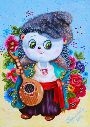 Size: 1280x1798 | Tagged: safe, artist:irikaart, hedgehog, mammal, semi-anthro, 2022, cute, flower, male, mandolin, musical instrument, plant, rose, smiling, solo, solo male, ukraine