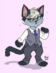 Size: 984x1280 | Tagged: safe, artist:niuxii, raymond (animal crossing), cat, feline, mammal, anthro, animal crossing, animal crossing: new horizons, nintendo, 2020, 2d, heterochromia, looking at you, male, pink background, simple background, solo, solo male, standing