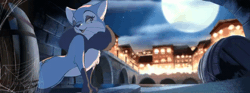 Size: 600x222 | Tagged: safe, artist:tohupony, cat, feline, mammal, feral, 2022, 2d, 2d animation, animated, building, city, cloud, cloudy, eyes closed, female, frame by frame, full moon, gif, low res, moon, night, night sky, sky, solo, solo female, stars, stretching