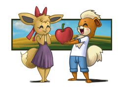 Size: 1132x800 | Tagged: safe, artist:bittenhard, oc, oc only, oc:james, oc:stoney, eevee, eeveelution, fictional species, growlithe, mammal, anthro, nintendo, pokémon, 2008, 2d, apple, bottomwear, bow, clothes, cute, dress, duo, duo male and female, eyes closed, female, food, fruit, hair bow, male, open mouth, open smile, smiling