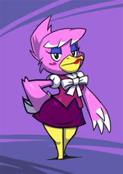 Size: 496x702 | Tagged: safe, artist:bittenhard, phyllis (animal crossing), bird, pelican, anthro, animal crossing, nintendo, 2d, bottomwear, clothes, dress, female, hand on hip, looking at you, solo, solo female